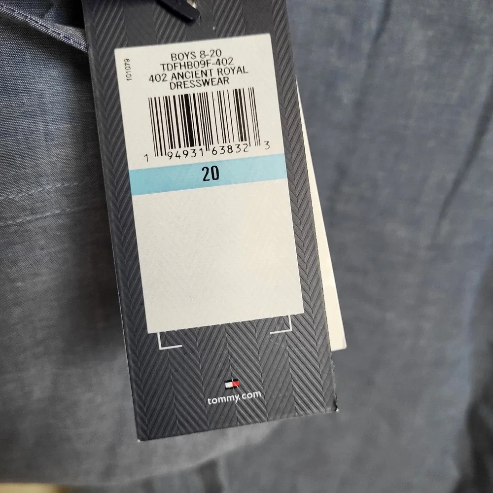 Tommy Hilfiger Boys Sz 20 Blue Chambray Button Down Shirt‎ Plaid Clip On Tie NWT